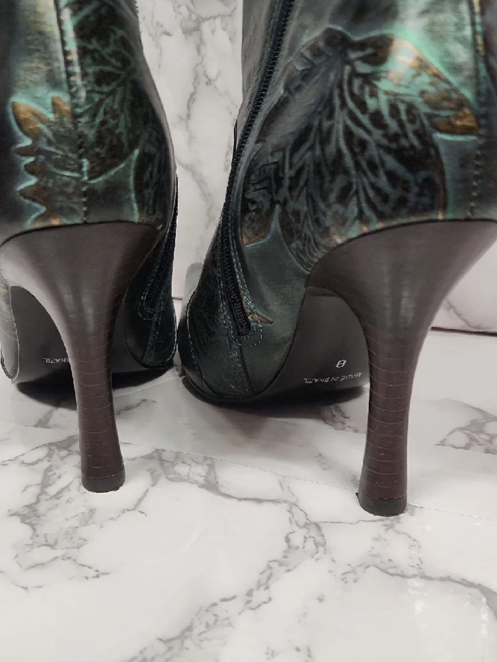 Leaf-Embossed Pointed-Toe Ankle Boots in Teal Green - Picture 6 of 7